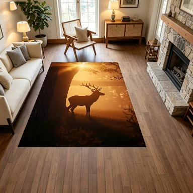 Deer Silhouette Sunset Forest Carpet Flooring Nature Scenery Large Area Rug for Home Decoration view 2