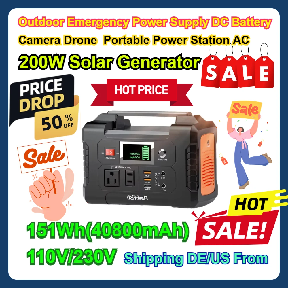 

200W Solar Generator 110V/230V Outdoor Emergency Power Supply DC Battery Camera Drone 151Wh(40800mAh) Portable Power Station AC