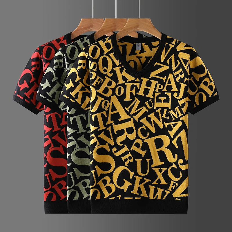 

Trendy Print Knitted Men Sweater V-Neck Short Sleeve Pullovers Autumn Quality Viscose Polyamide Elastic Casual Sueters De Hombre