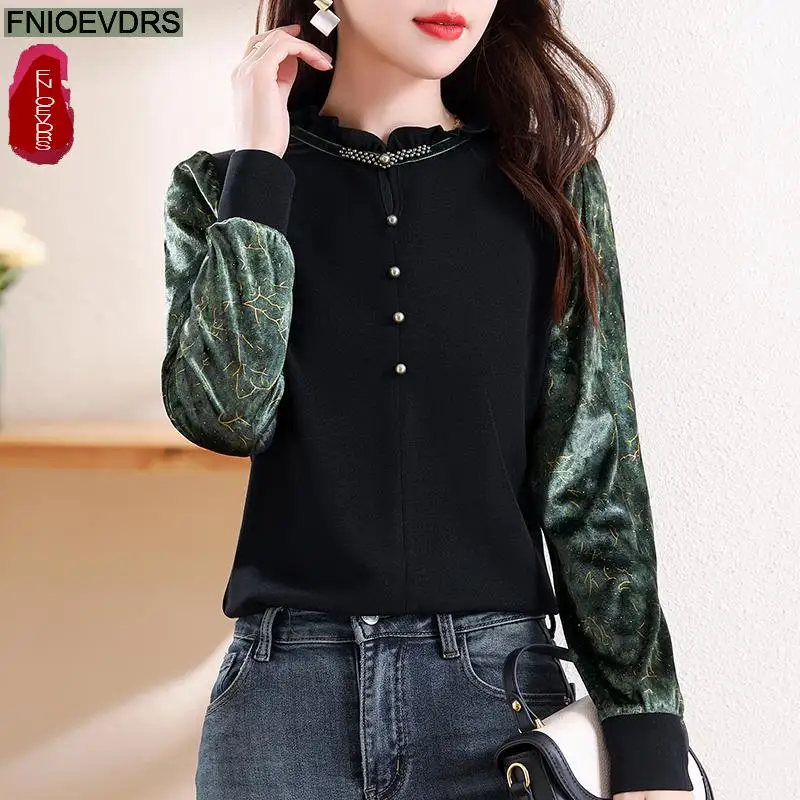 Camisas de oficina ropa básica nuevo diseño mujeres 2024 Otoño Invierno Patchwork verde manga larga Retro negro terciopelo Tops blusas