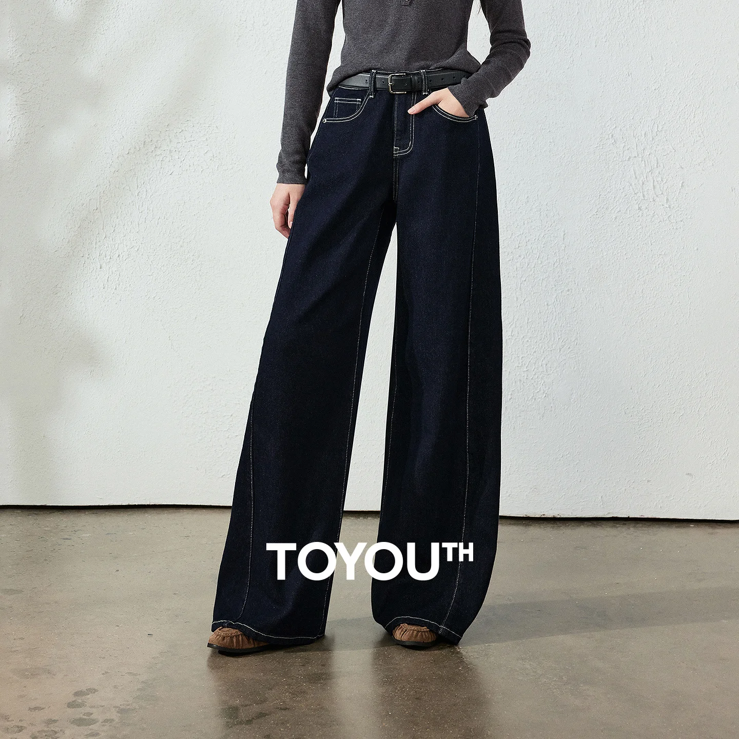 TOYOUTH Women Lyocell Cotton Stretch Jeans 2026 Autumn New Arrival Color Contrast Stitching Seam Detail Raw Wash Wide Leg Denim