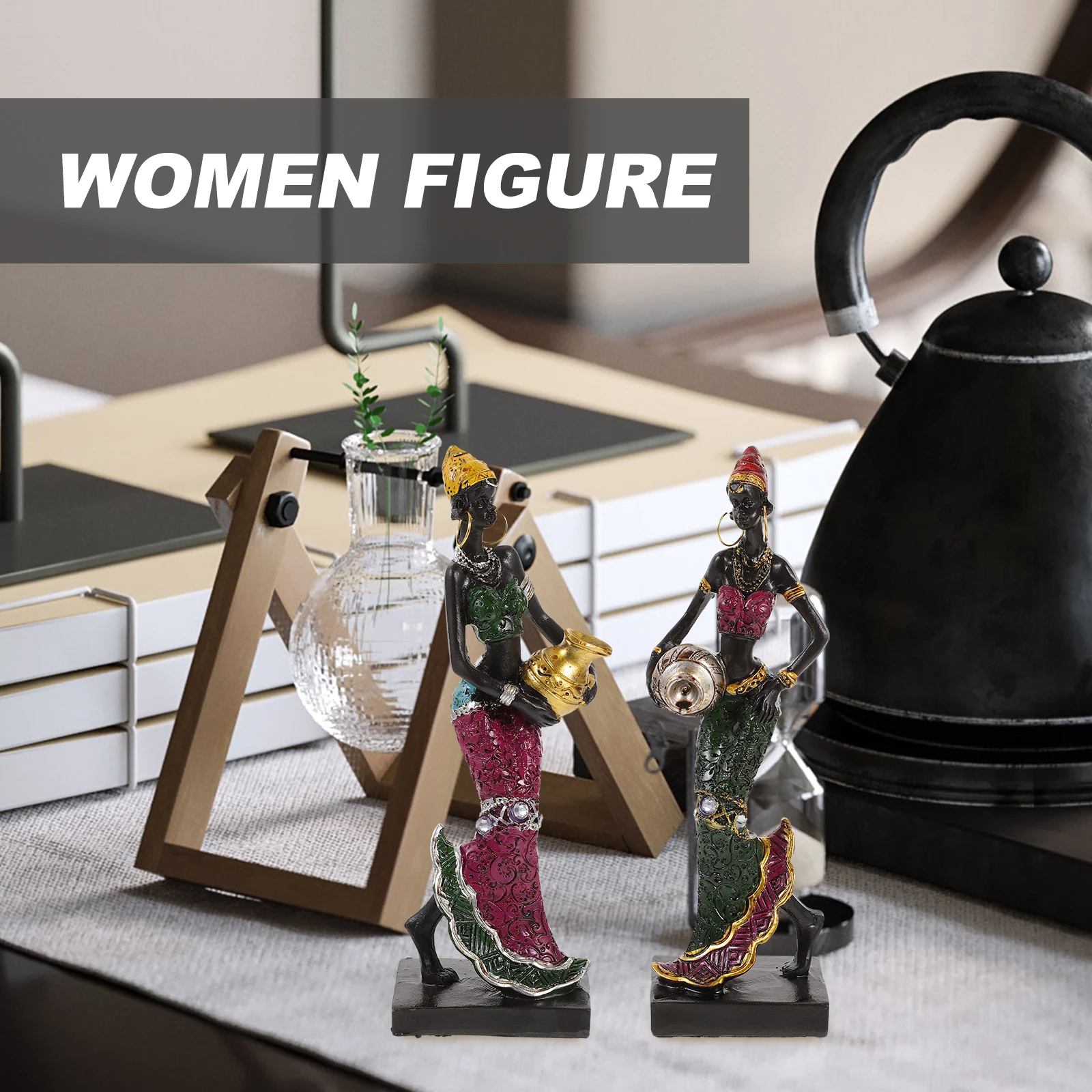 

2Pcs African Lady Sculpture Resin Tribal Woman Statue Decorative Home Ornament Thanksgiving Christmas Gift African Lady Statue