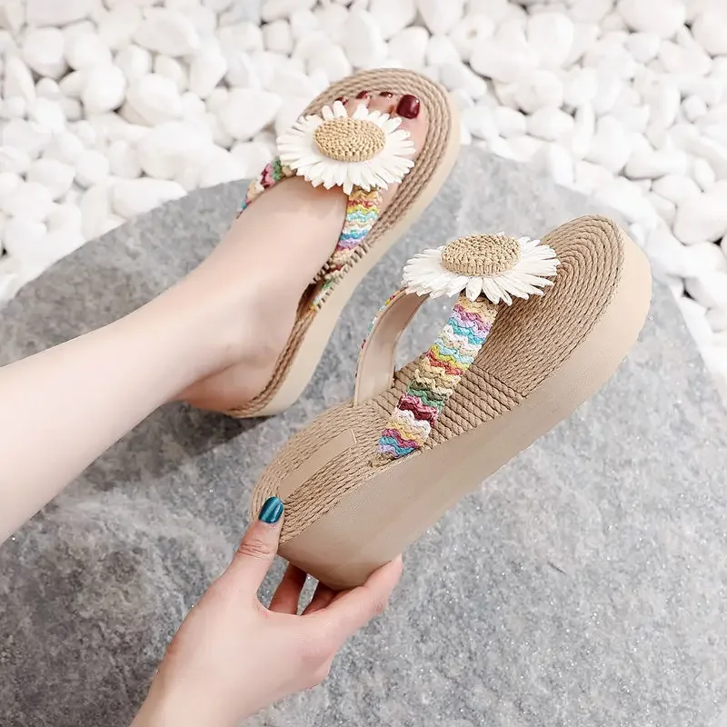 Women's Slippers and Ladies Sandals on Beach Kawaii Shoes Open Toe Outside Slides Wedge Heel Cute Flower Thick Offer H Sandal Y