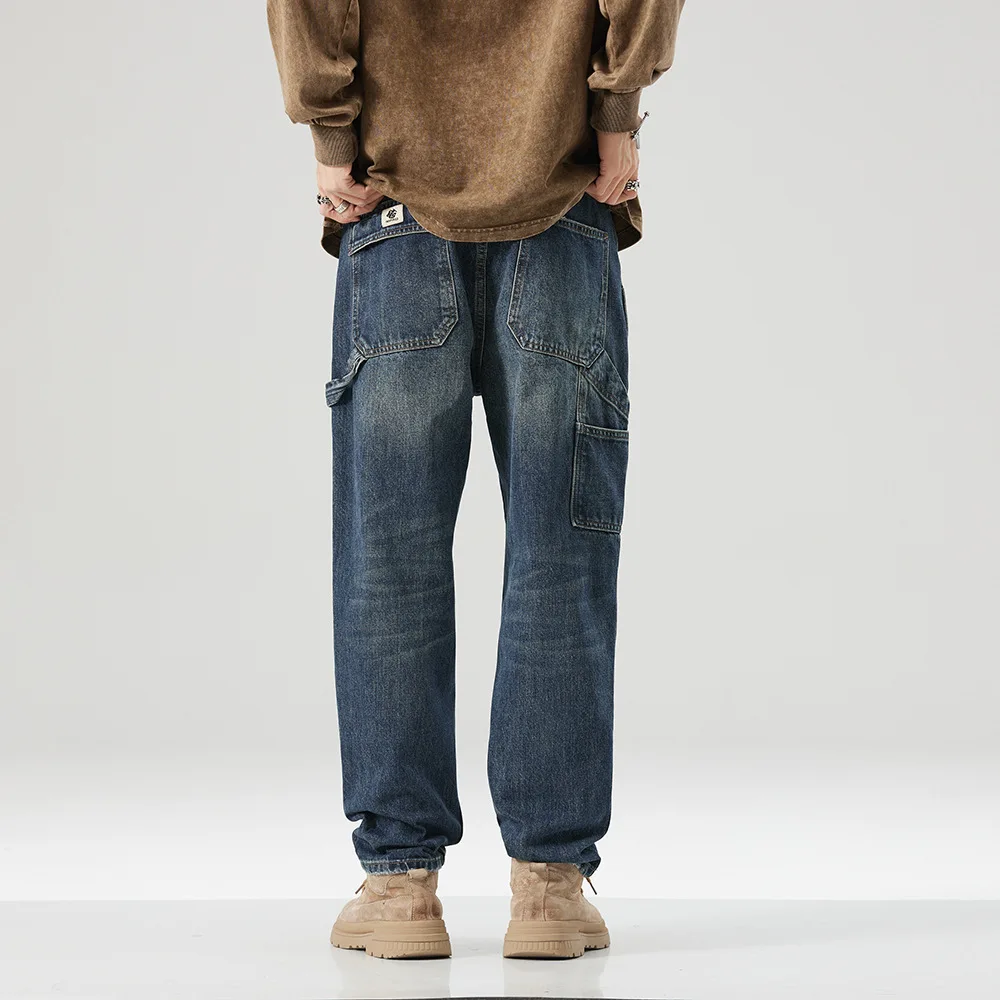 High quality long cargo jeans for men big size multi pocket stone wash cotton denim vintage trousers new 2024 clothing - blue