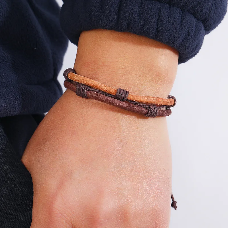 1 Piece Men Simple Hand Weaven Leather Bracelet Two Layer Adjustable Bracelet For Men