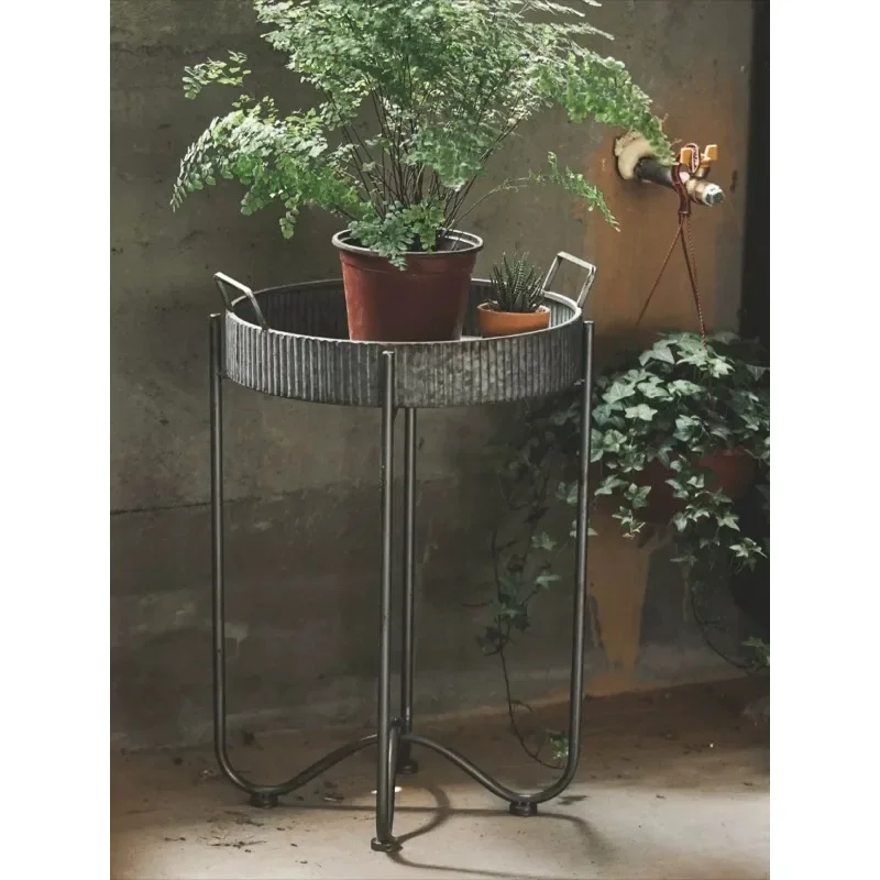 Vintage Galvanized Metal Plant Stand Round Ribbed Tray Side Table Indoor Outdoor Flower Pot Holder Industrial Accent End Table