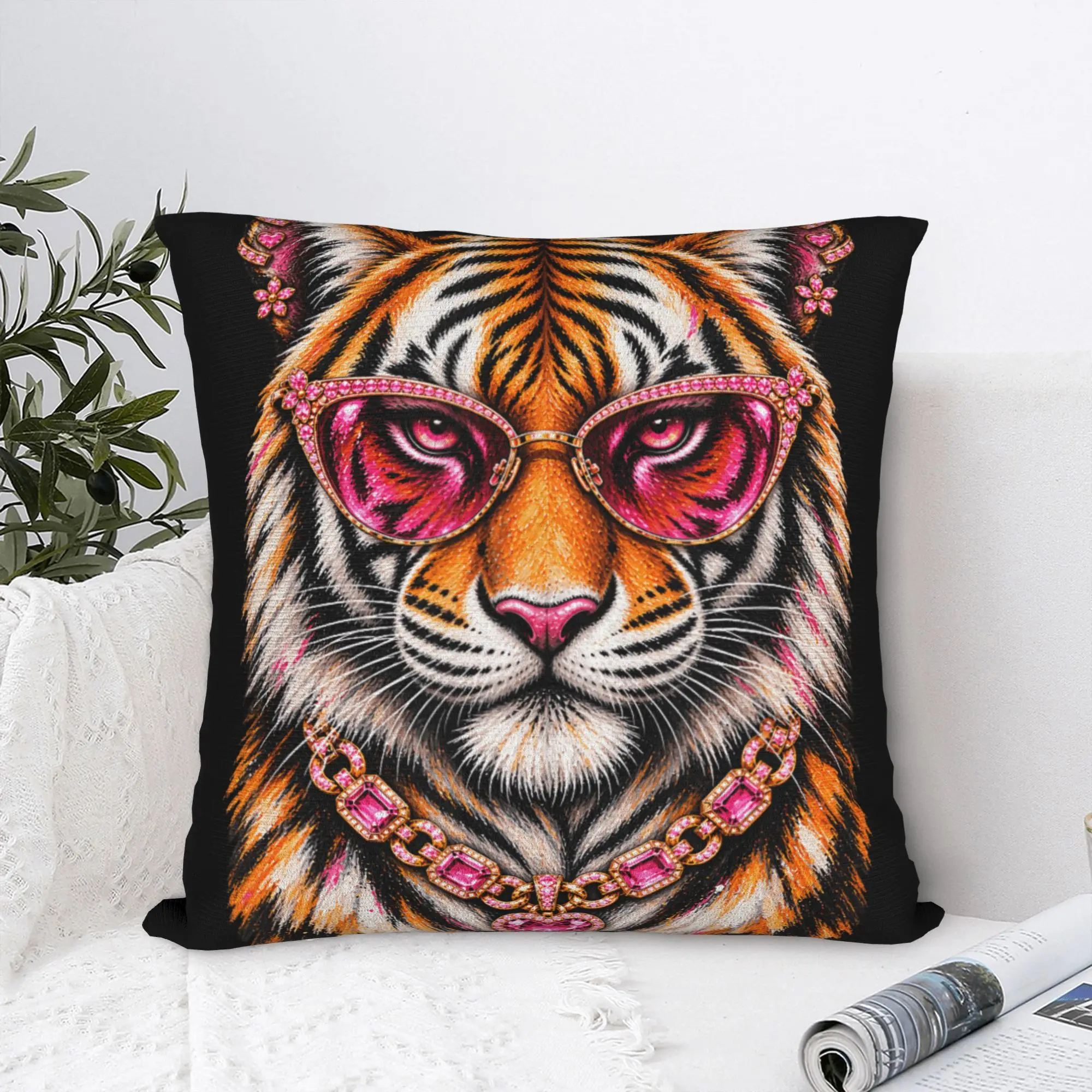 Pillow Cover Bougie Tiger Girly Pink Aesthetic Glam Sunglasses  Cute Funny Pillow Case For Office Car Home Decor Pillowcases