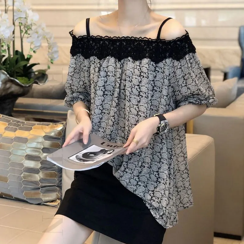 2024 New Summer Vintage Printed Shirt Women's Clothing Elegant Slash Neck Loose Fashion Lace Patchwork Casual Half Sleeve Blouse