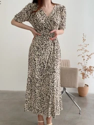 One-Piece Long Dress Summer Holiday Temperament Lady Slim Waist A Line Leaf Printed Long Maxi Vintage Dress Flhjlwoc Korean 2020