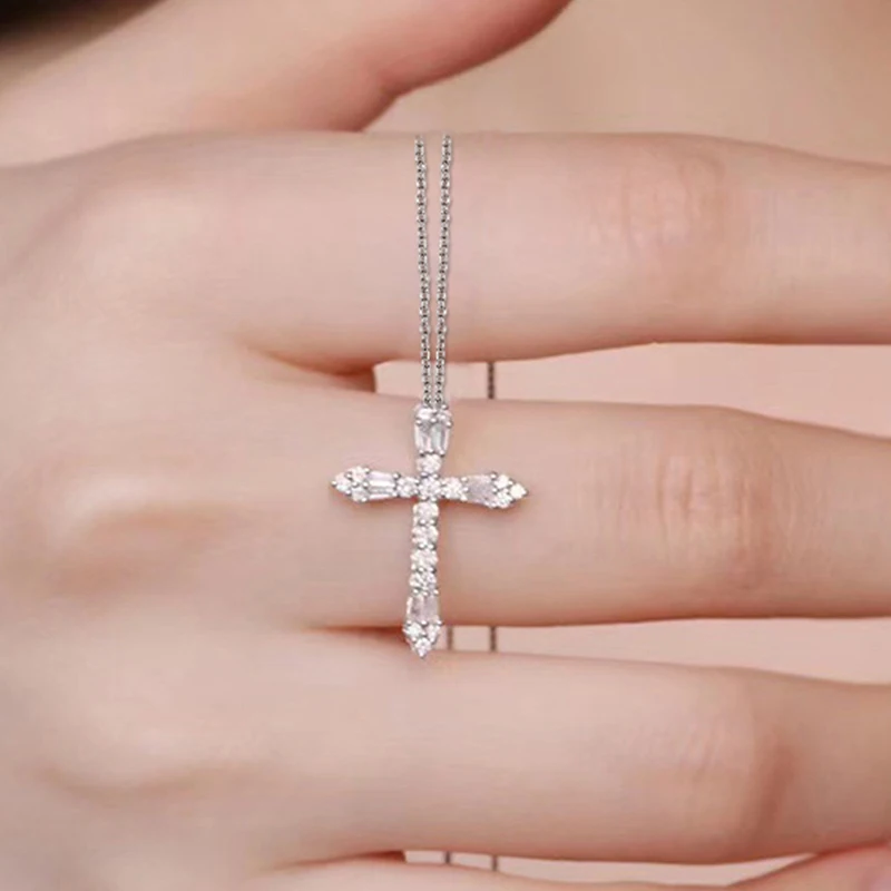 Huitan Exquisite Cross Necklace for Women Luxury Silver Plated Sparkling Crystal Cubic Zirconia Cross Pendant Statement Jewelry