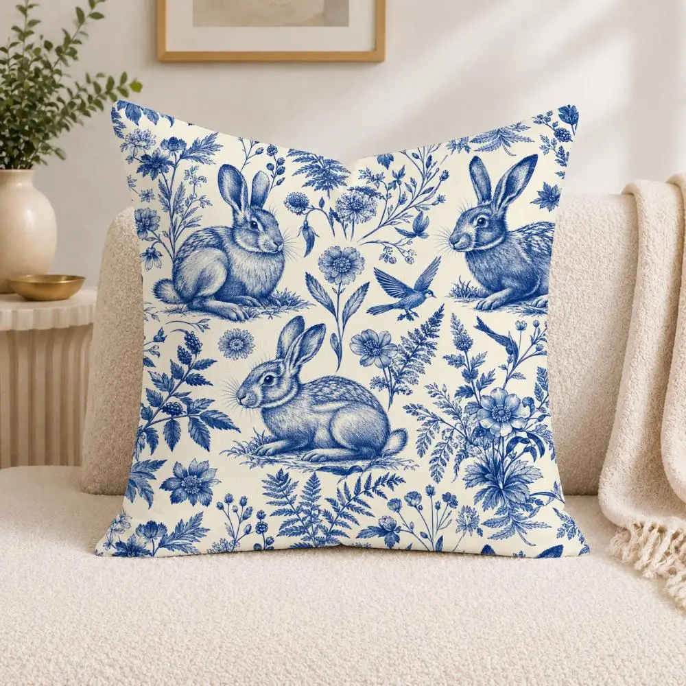 Blue Toile Rabbits Whimsical Cushion Cover Square Decorative Sofa Pillow Case Bedroom Living Room Home Decor Gift