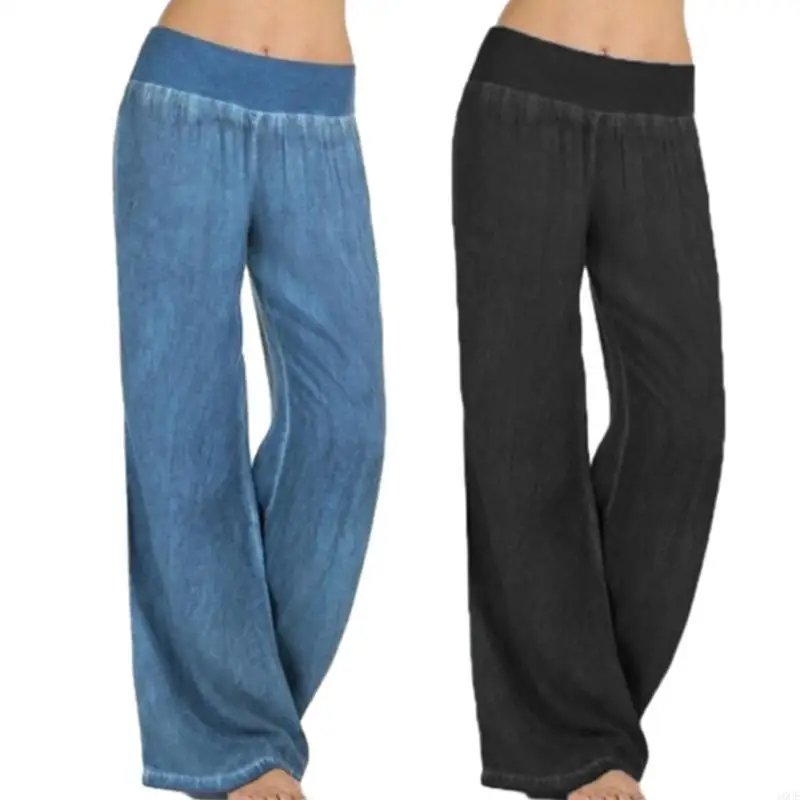 Women Elastic Waist Lightweight Jeans Yoga Pant Wide Leg Demims Lounge Trousers
