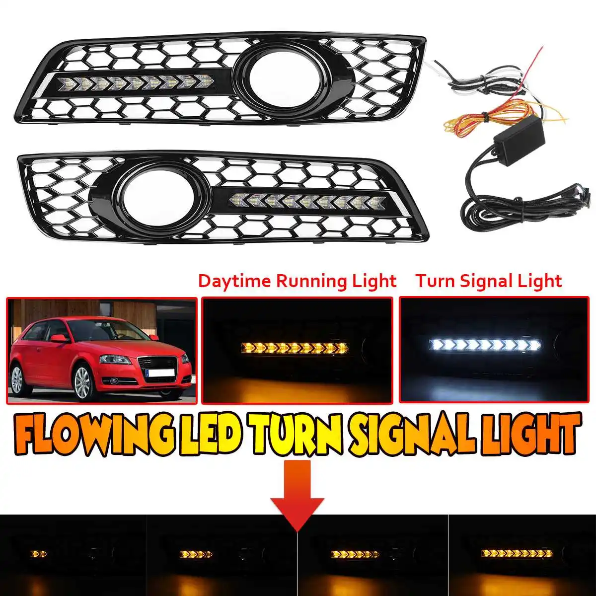 Dynamic Flowing LED Car Front Fog Light Grill Cover Mesh Grille With Turn Signal Lamp DRL For Audi A3 8P 2009-2013 8P0807682D