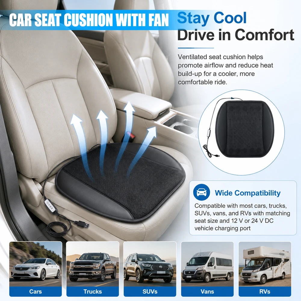 For most cars, trucks, SUVs, vans with matching seat size and 12 V or 24 V DC vehicle charging port Car Seat Cushion With Fan