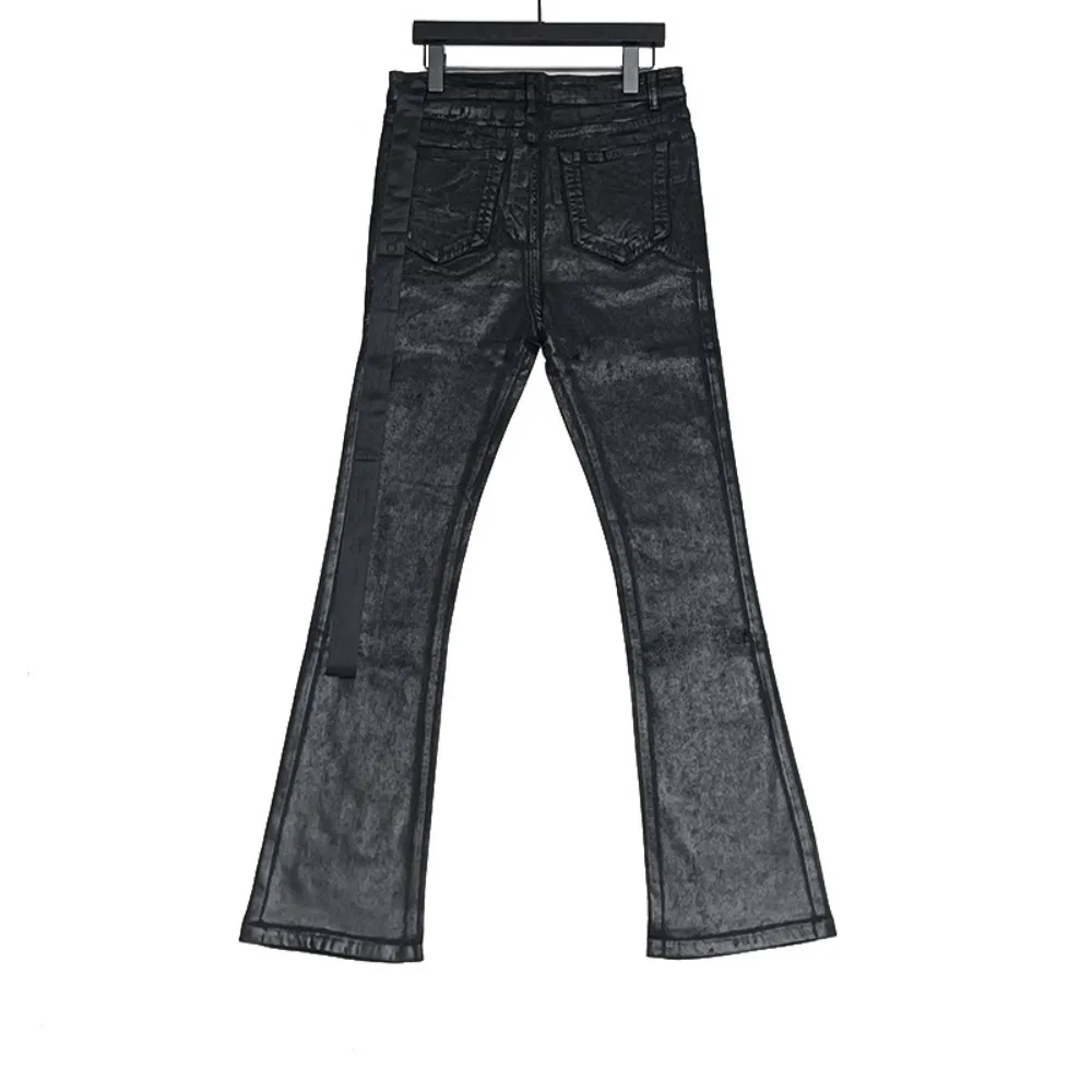 ハイストリートダークスタイルワックスデニムパンツメンズピュアハンドメイドブラッシュワックスコーティング、ワックス表面ホーンハイストレッチジーンズパンツ