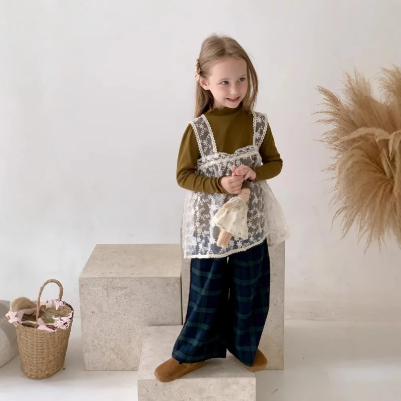 

Girls' Outfit Autumn New Children's Clothing Baby Girl Base Shirt Hollow Out Strap Lace Cover-Up Plaid Pants