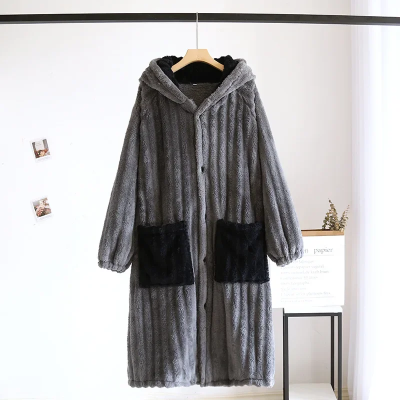 New autumn and winter couples coral fleece nightgown flannel thickened bathrobe men and women long robe home service robes gift