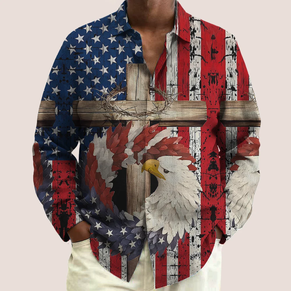 

S-9xl plus size Men's Shirt: Flag-Inspired Chic - Big & Tall Fit, Soft Breathable Fabric, Subtle Flag Motifs,