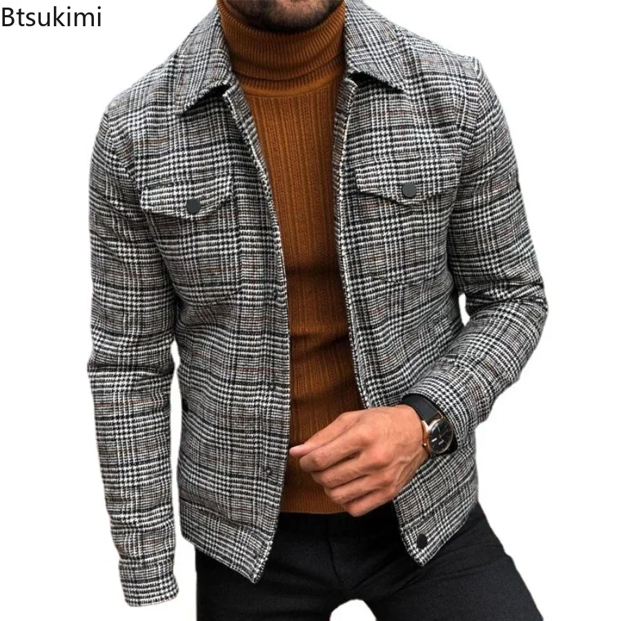 New 2025 Fashion Jacket Men Slim Fit Plaid Blazer Coat Men Clothing Turn-down Collar Single Breasted Casual Outerwear Coats Male - Image 2