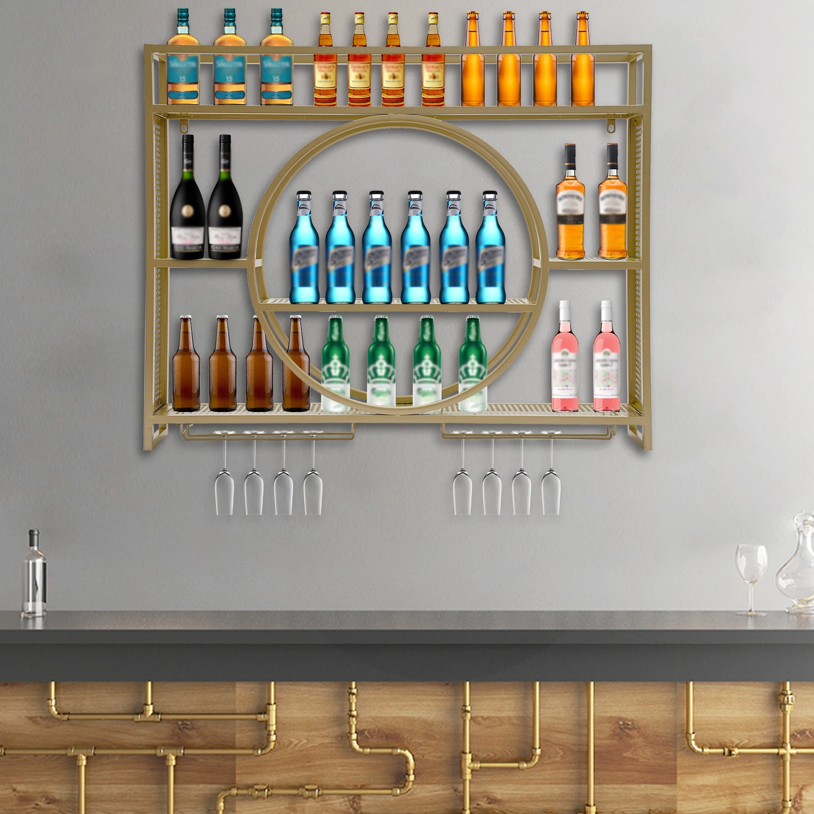 An der Wand montiertes Weinregal, Regale, Vitrine, hochwertige Möbel, elegante Weinständer, Bar im Freien, kompletter Küchenschrank