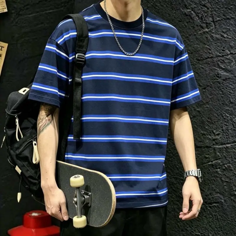 Men's Striped Short Sleeve T-Shirt Casual Round Neck Cotton Tee for Summer Daily Wear Lightweight Breathable Top