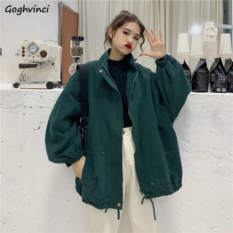 Jackets Womens Ulzzang Ins Solid Autumn Coats Couples Drawstring Hem Zipper Long Sleeve Casual Korean Style Female Outwear Teens