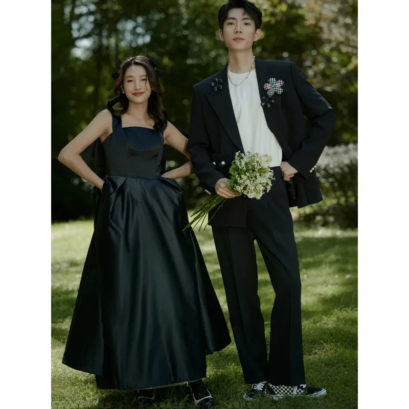 黒のシンプルなウェディングドレス女性のファッションスパゲッティストラップエレガントな A ラインパーティードレスサテンロングイブニングドレス