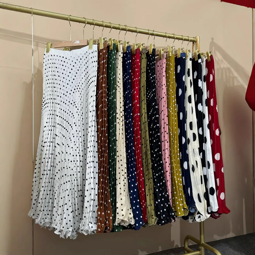 

Summer New Style High Waist Slimming Midi Skirt for Women Polka Dot Chiffon Half Body Skirts Fashionable Pleated Skirts
