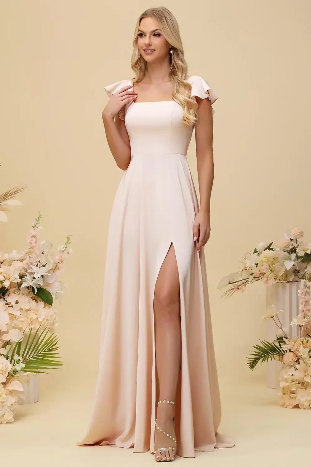 

Custom Made Satin Bridesmaid Dresses Long For Wedding Ruffle Sleeve Square Neck Formal Evening Dress For Women With Slit Prom Dr