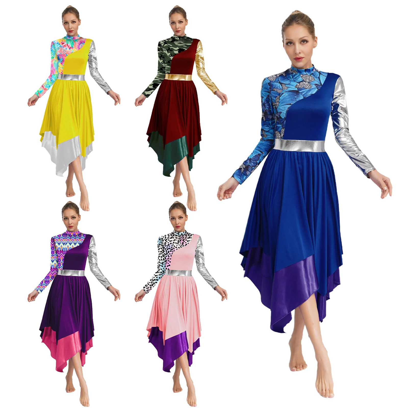 

Liturgical Praise Dance Dresses for Womens Lyrical Worship Dance Choir Performance Fashion Costume Stylish Print Irregular Dress