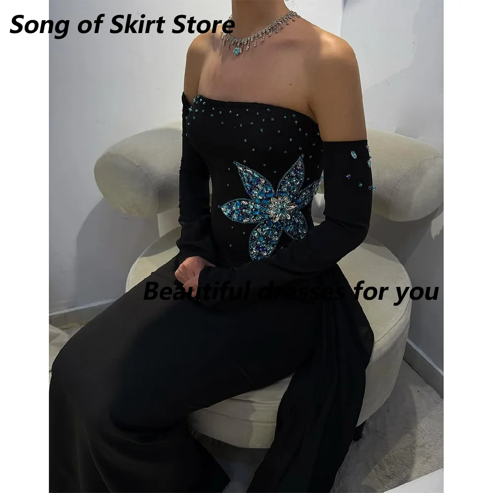 فستان سهرة أسود مخصص بدون حمالات زهرة كريستال طول الأرض غمد حفلة كوكتيل فساتين لحضور الحفلات الموسيقية 2025