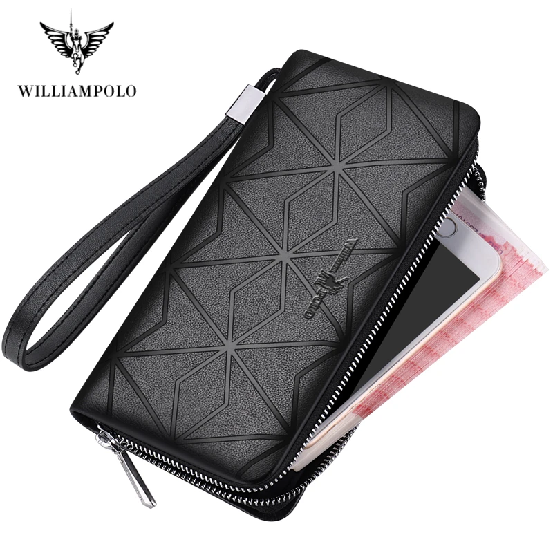 WILLIAMPOLO Men's Wallet Long Genuine Leather 100% Clutch Wallets Phone Bag Zip Wallet For Men Business Large Capacity Money Bag