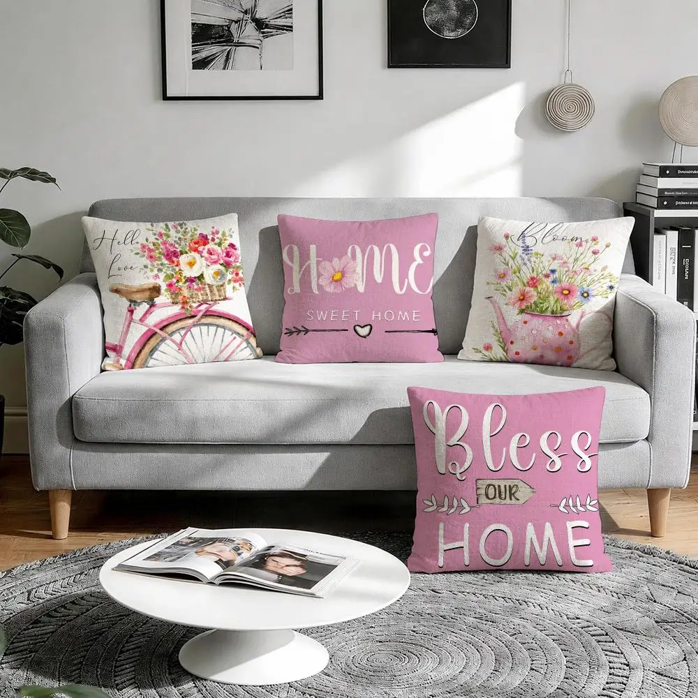 Pastel Bike Floral Home Script Cushion Cover Natural Breathable Durable Linen Printed Decor Pillow Case Sofa Bedroom
