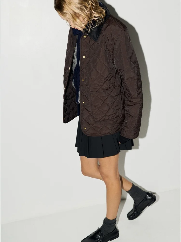 H&M Dames ort Jaet 2025 Winter Nieuwe Single Button Corduroy Kraag Bfled Diamond Patroon Gewatteerde Nylon Vezel Jas