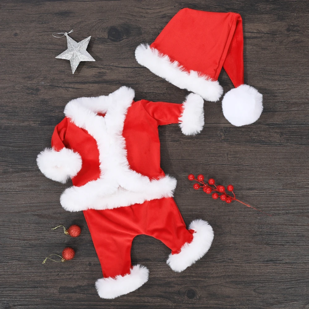 Newborn Santa Claus Outfit Photography Props Baby Girl Top Red Skirt Sleepy Hat Baby Boy Christmas Clothes Photo Accessories