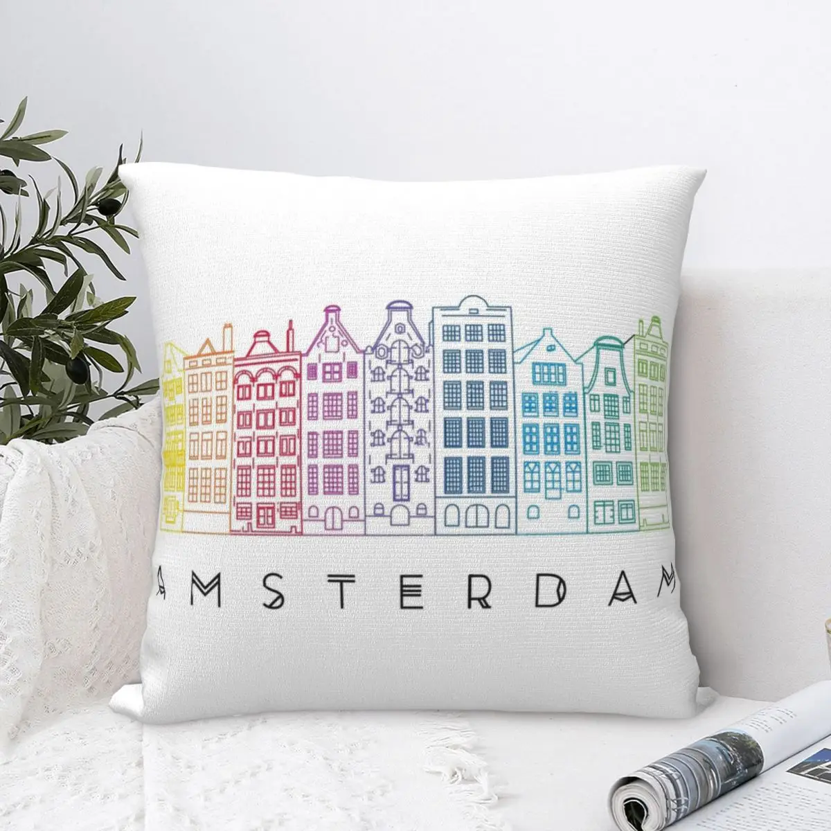 Facades Of Old Canal Houses From Amsterdam City Square Pillowcase Polyester Pillow Cover Velvet Cushion  Comfort Throw Pillow