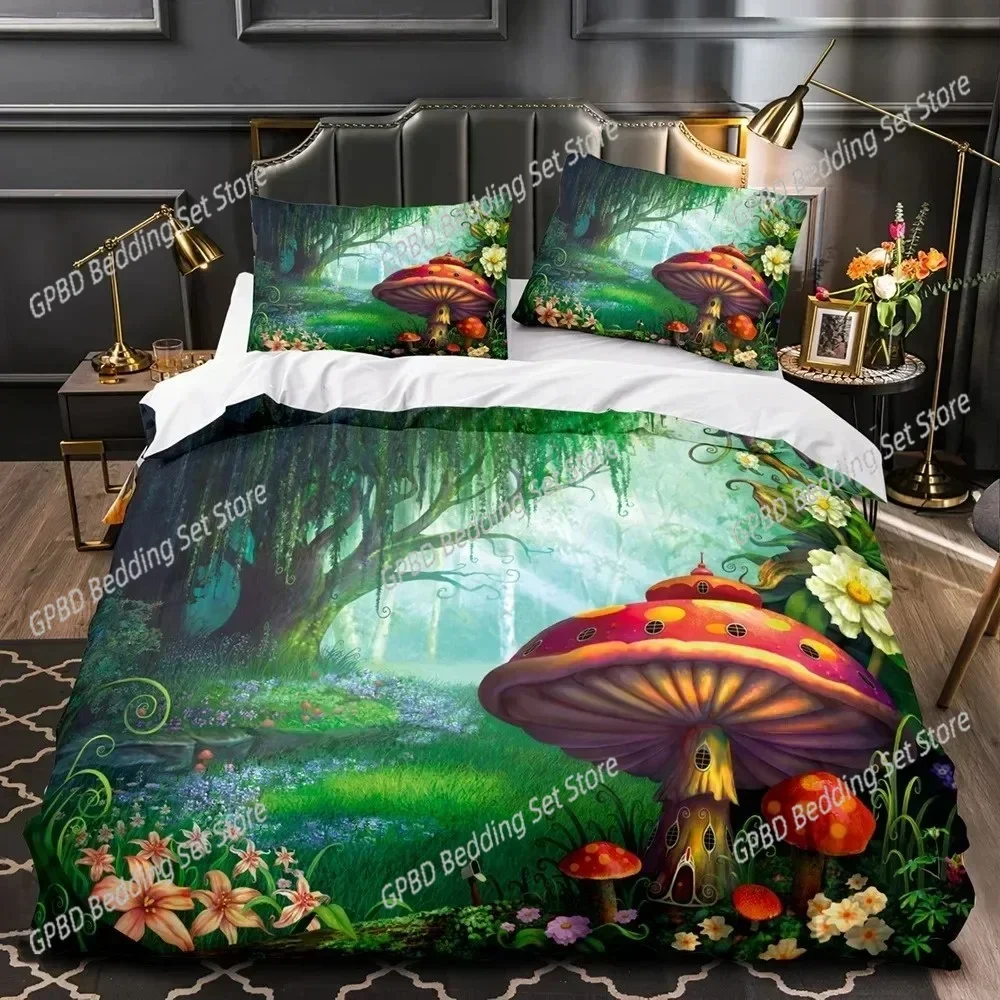 Mushroom Fairy Forest Magic Lilliputian Fungus Plant Bedding Set Single Twin Double Queen King Cal King Size Bed Linen Set