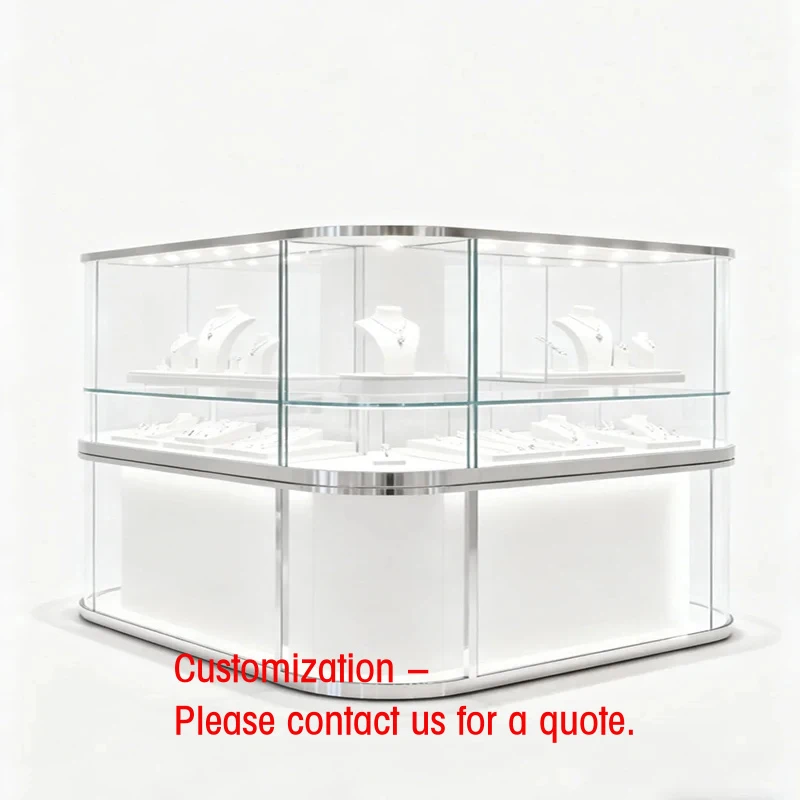 Exhibidor de Joyería de Lujo Personalizado, Construcción de Metal y Vidrio Templado, Iluminación LED, Espejo Trasero, Color/Tamaño Personalizable, Multi-Fini