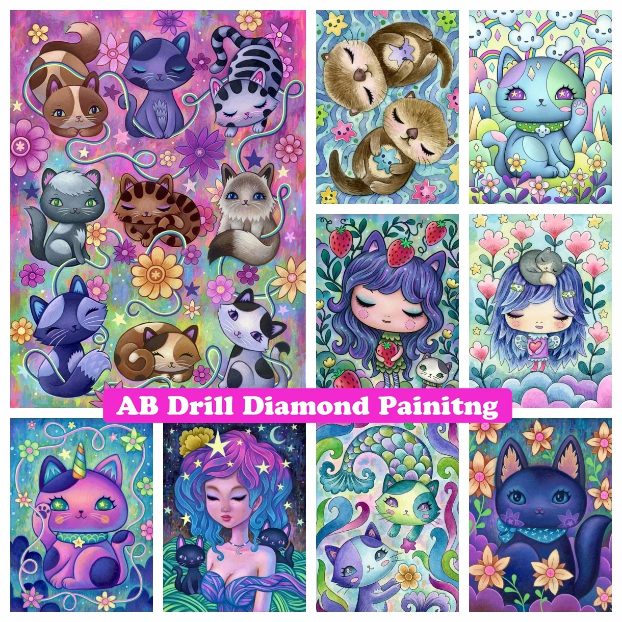 Kitty Cat 5D DIY AB Drills Diamond Painting Cartoon Cute Animal Artwork Cross Stitch Embroidery Picture Mosaic Home Decor