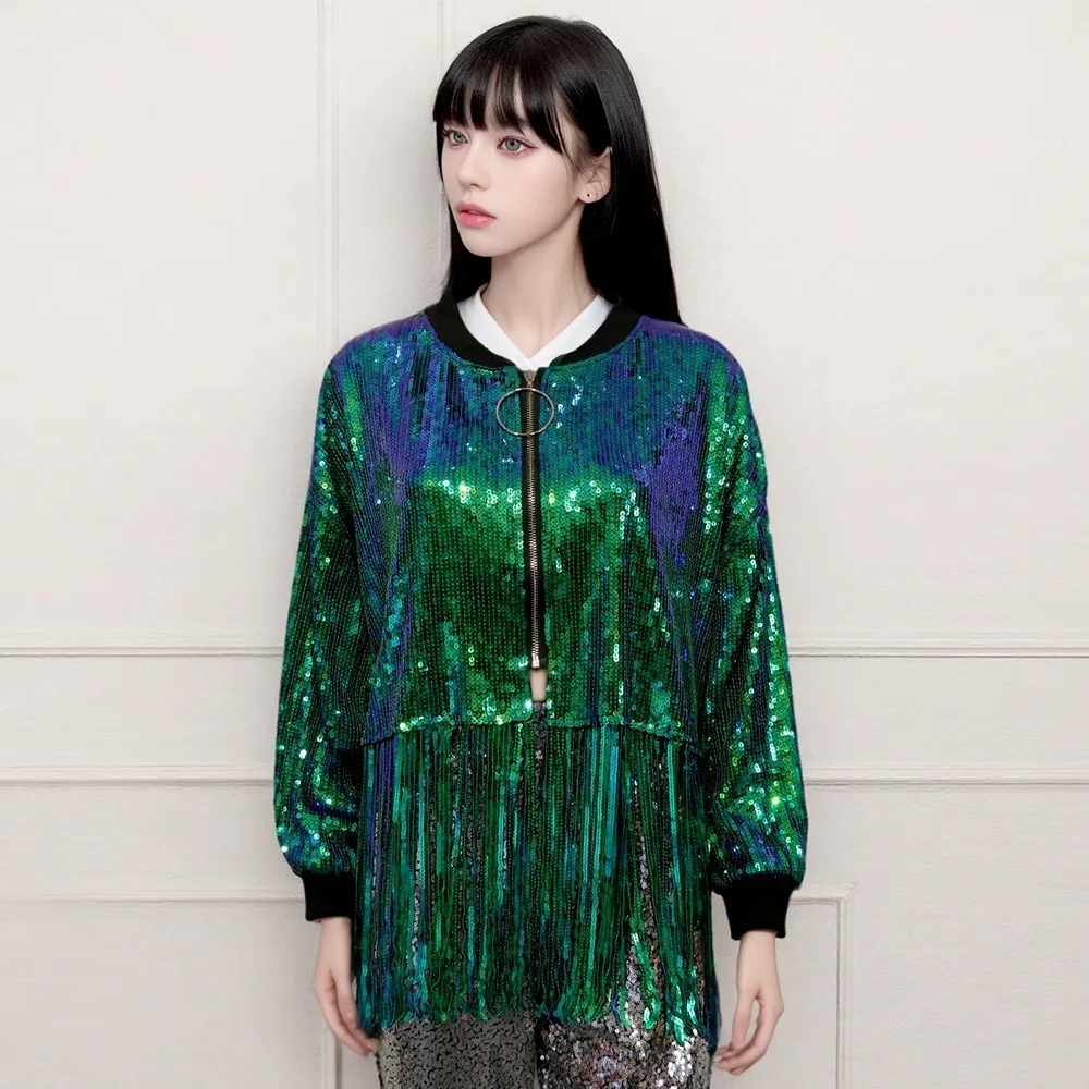 Leistung Kostüm Jazz Bühne Pailletten Quaste Jacke Street Dance Mode Kleidung Frauen Kleidung Mantel Tanz Tragen
