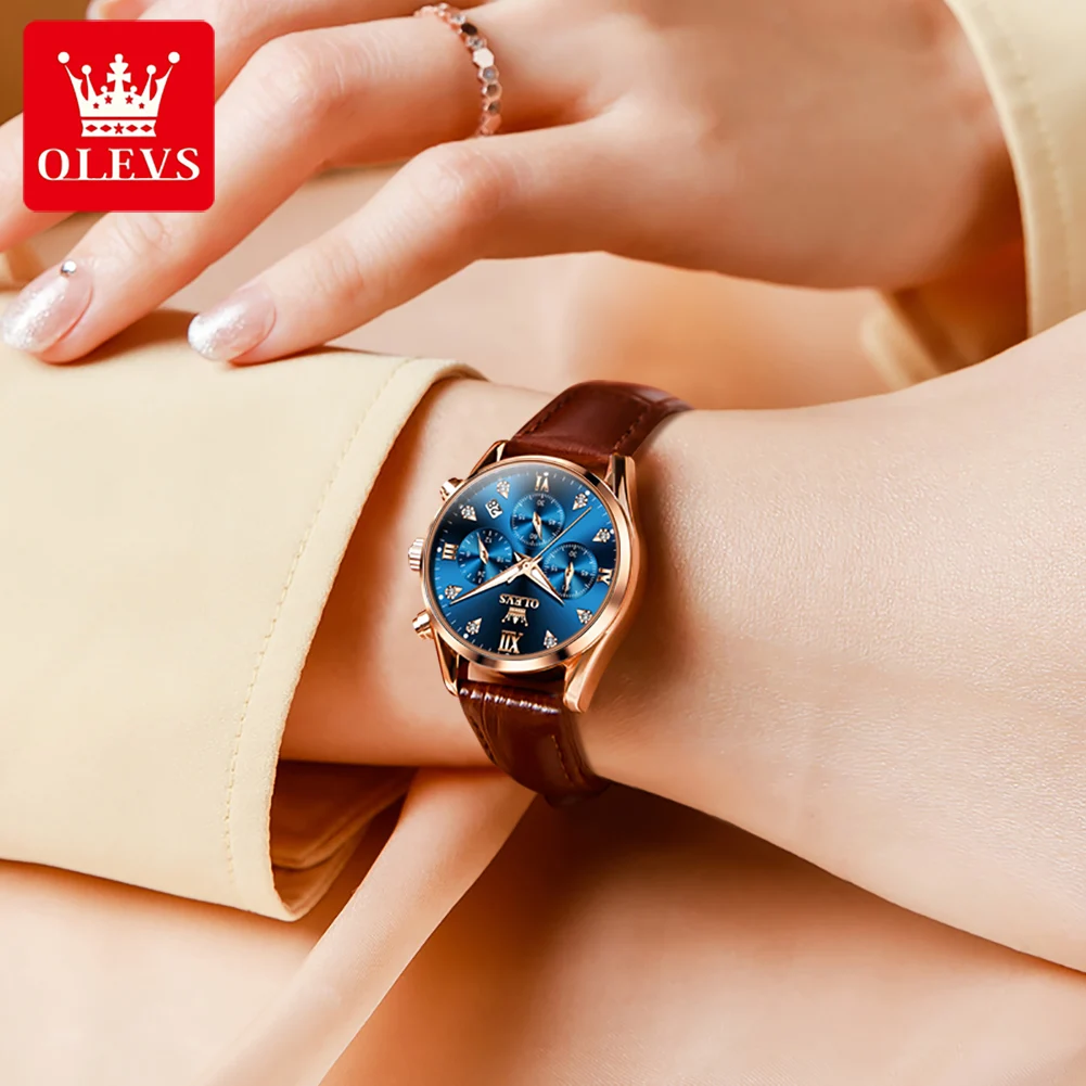 OLEVS Brand New Fashion Blue Quartz Watch for Women Brown Leather Strap Chronograph Watches Luxury Diamond Ladies Wristwatch