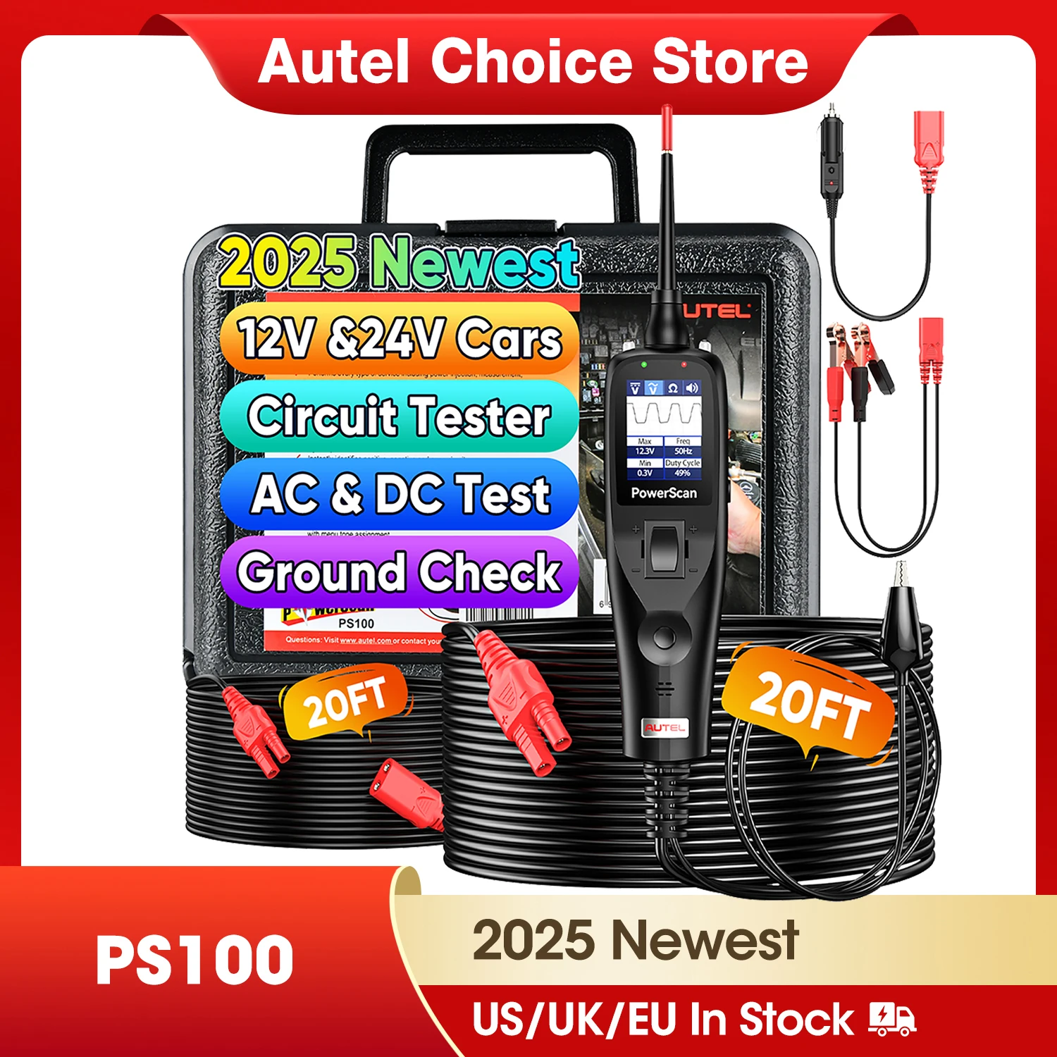 

New Autel PowerScan PS100 Automotive Circuit Tester 12-24V Power Circuit Probe Tool Auto Electrical Short Open Circuit Finder