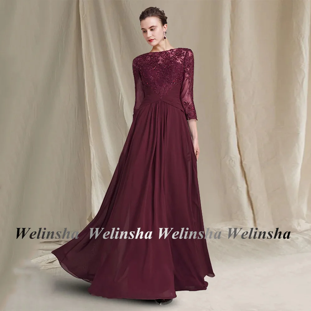 

Chiffon Mother of The Bride Dress 3/4 Sleeves Scoop Neck Stones Lace A Line Floor Length Wedding Guest Gown Evening Dresses