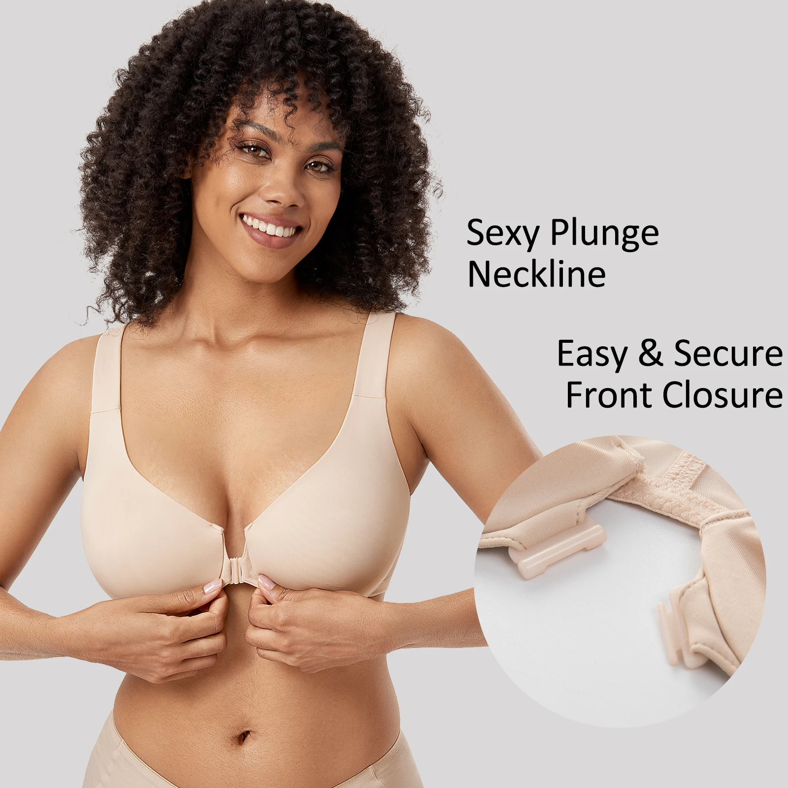 Sutiã de fechamento frontal sem espuma Racerback para mulheres, Underwire, cobertura total, conforto