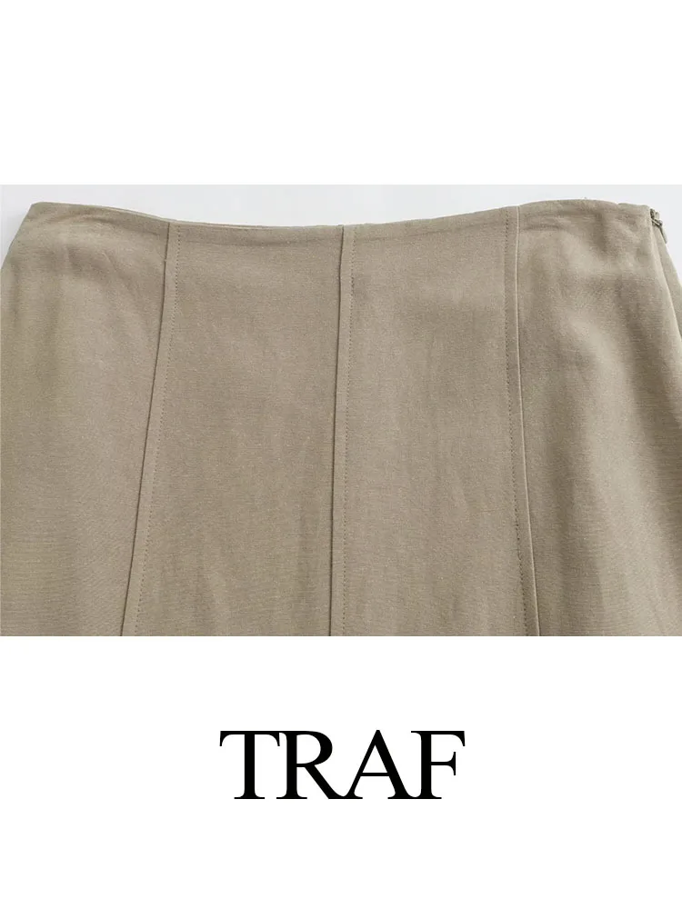 TRAF 2024 여성용 하이웨이스트 지퍼 발목 길이 스커트, 시크한 단색 스커트, 하이 스트리트 트럼펫 스커트, 여름 패션
