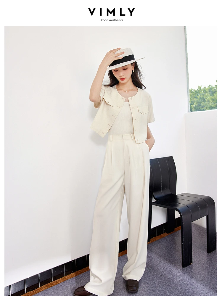 

VIMLY Women's Small Fragrant New Summer Fashion Elegant Blazer Suit Cardigan Coat Top + Wide-Leg Pants Suits 2pcs Sets Workwear