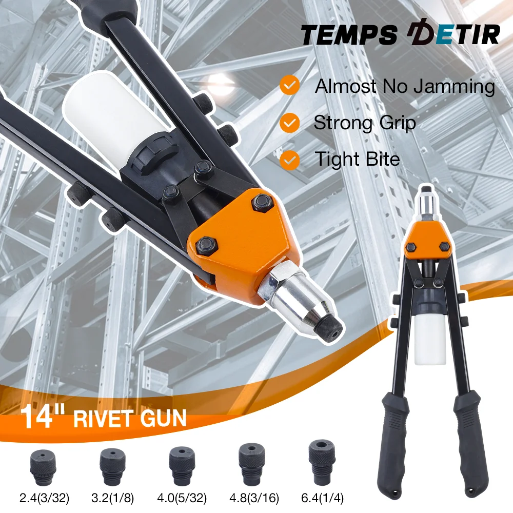 طقم مسدس برشام يدوي مقاس 14 بوصة، مسدس سحب احترافي مع 250 قطعة برشام (3/32 بوصة، 1/8 بوصة، 5/32 بوصة، 3/16 بوصة، 1/4 بوصة)، أداة برشام معدنية كاملة شديدة التحمل، أداة برشام منزلية لاسلكية موفرة للعمالة #1