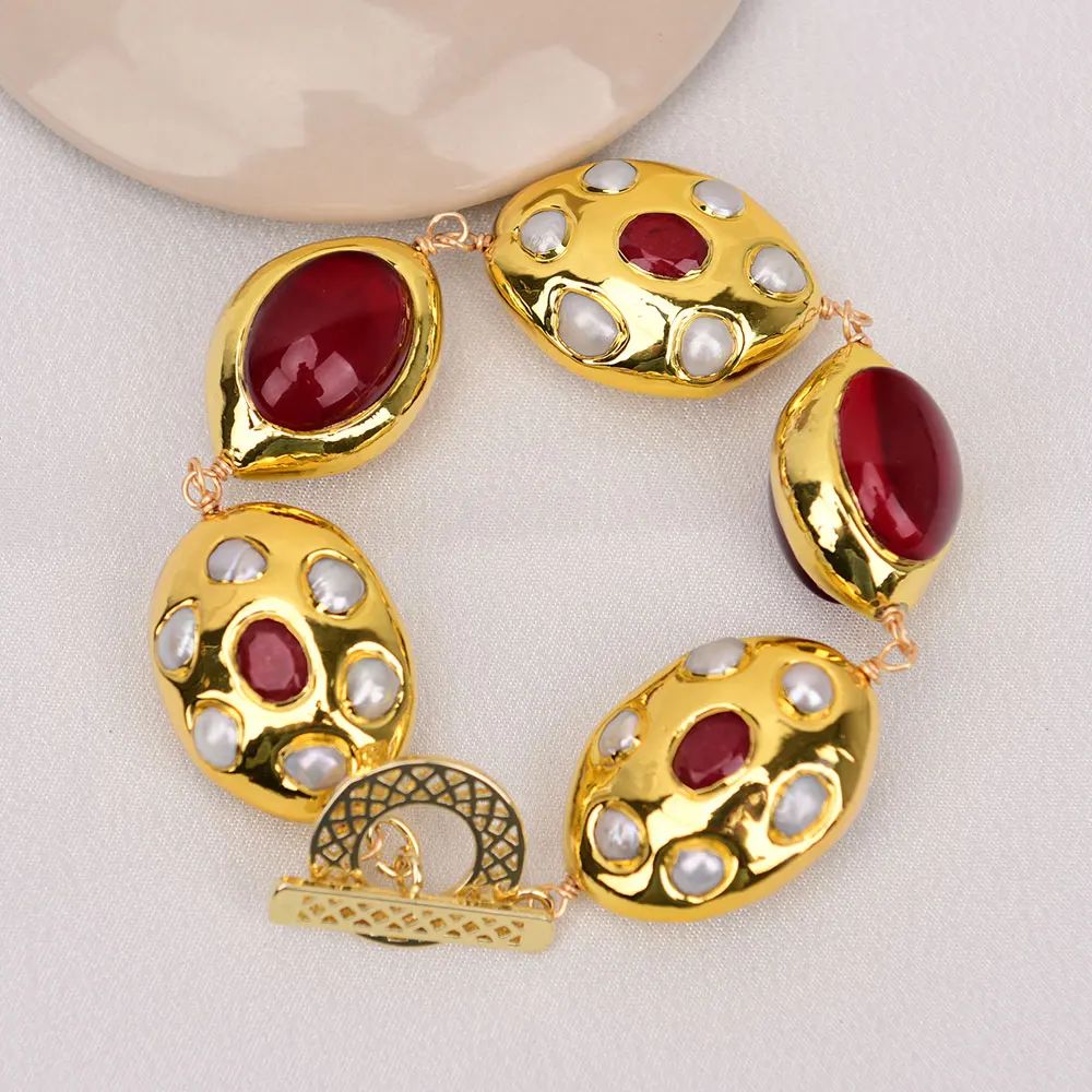 GG Natural Gold Plated Red Fire Agate Beads Oval Shape White Pearl Paved Jade Bracelet Handmade Lady Gifts