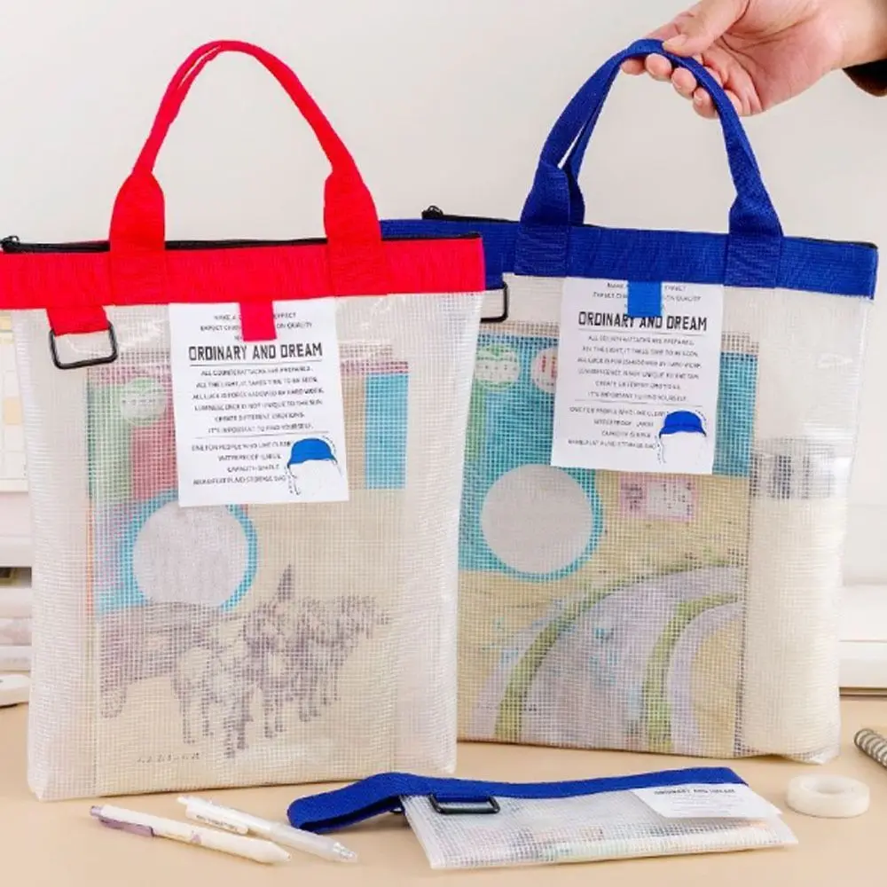 New with Zipper and Handle A3 Project Bag Large Capacity Mesh PVC Mesh Art Bag Thickened Waterproof Storage Bag Office Supplies
