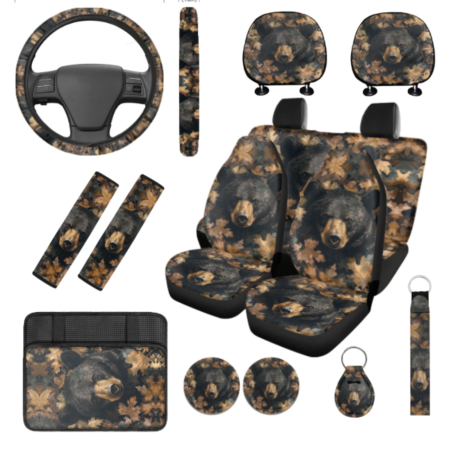 Coloranimal, ensemble complet d'accessoires pour l'intérieur d'une voiture, comprenant 14 pièces : housses de siège, housse de volant, housse d'accoudoir, coussinets pour ceinture de sécurité, porte-gobelet.